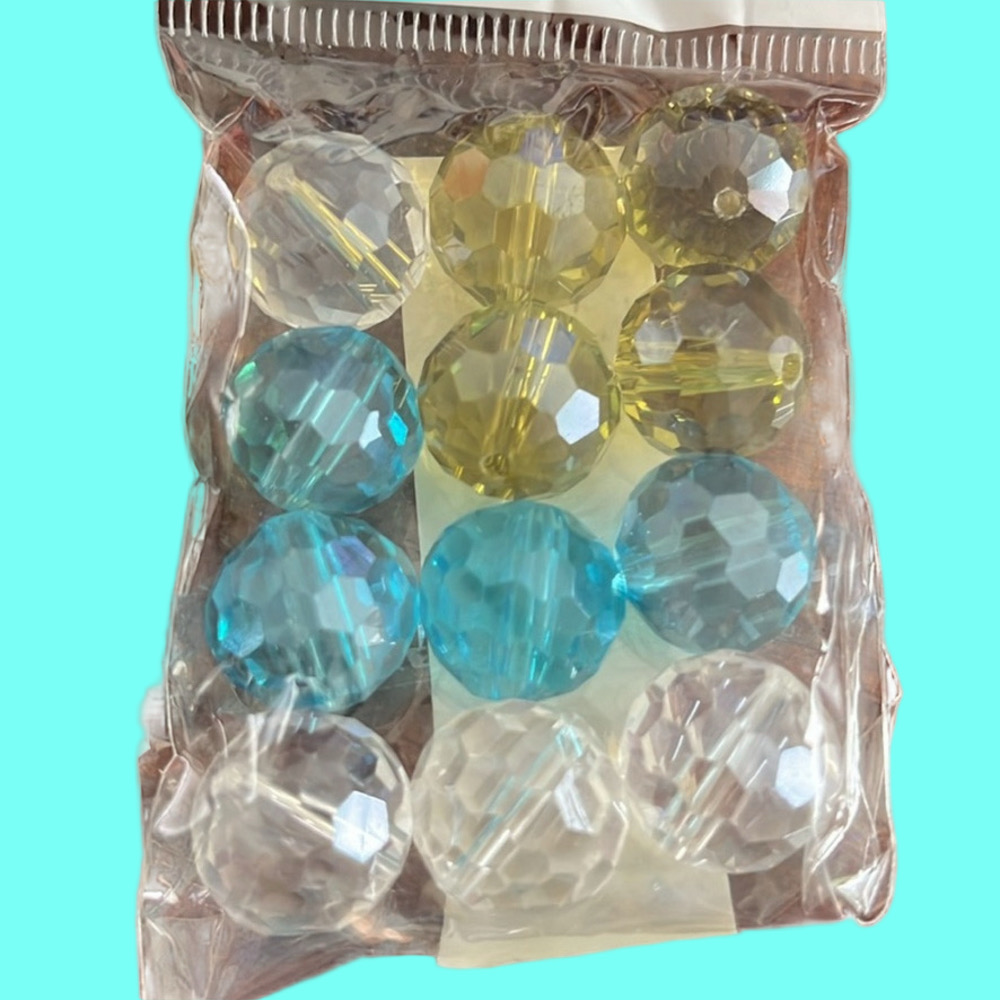 Bundle of 12 pcs 15mm Crystal Disco Cut Round Beads (LIME, AQUA & CLEAR) NWT